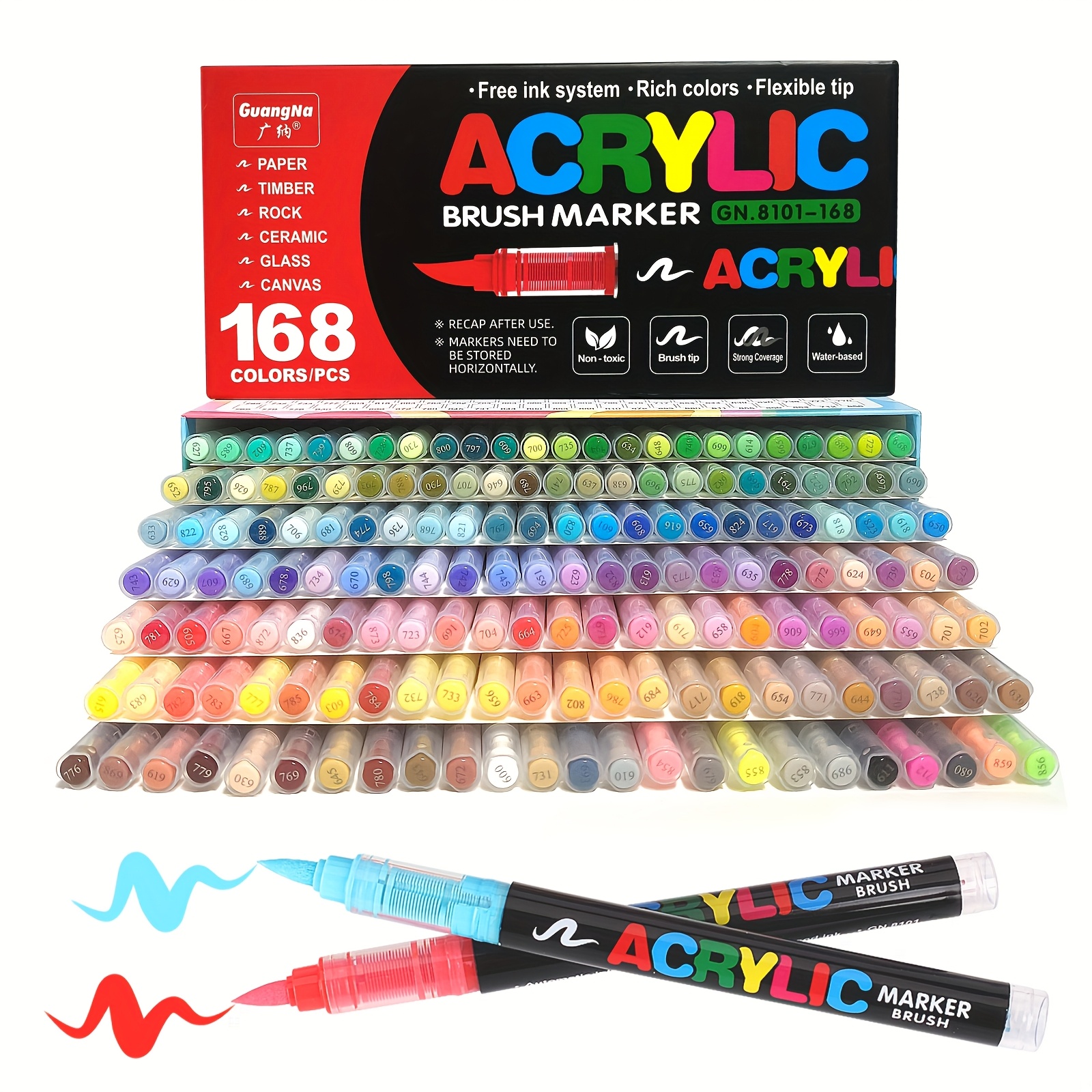 

[168pcs Acrylic Paint Brush Markers] 168pcs Acrylic Paint Brush Markers, Vibrant Colors, Flexible Tip, Ink System, Non-toxic, Quick-dry, Water-resistant, For Drawing, Coloring, , Gift Set