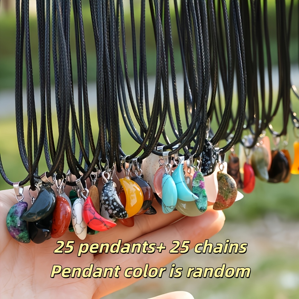 TEMU 50pcs Set Of Crescent Natural Stone Pendants Black Wax Rope Necklaces Moon Stone Random Mix Halloween Dark Atmosphere Additions Men Women Daily