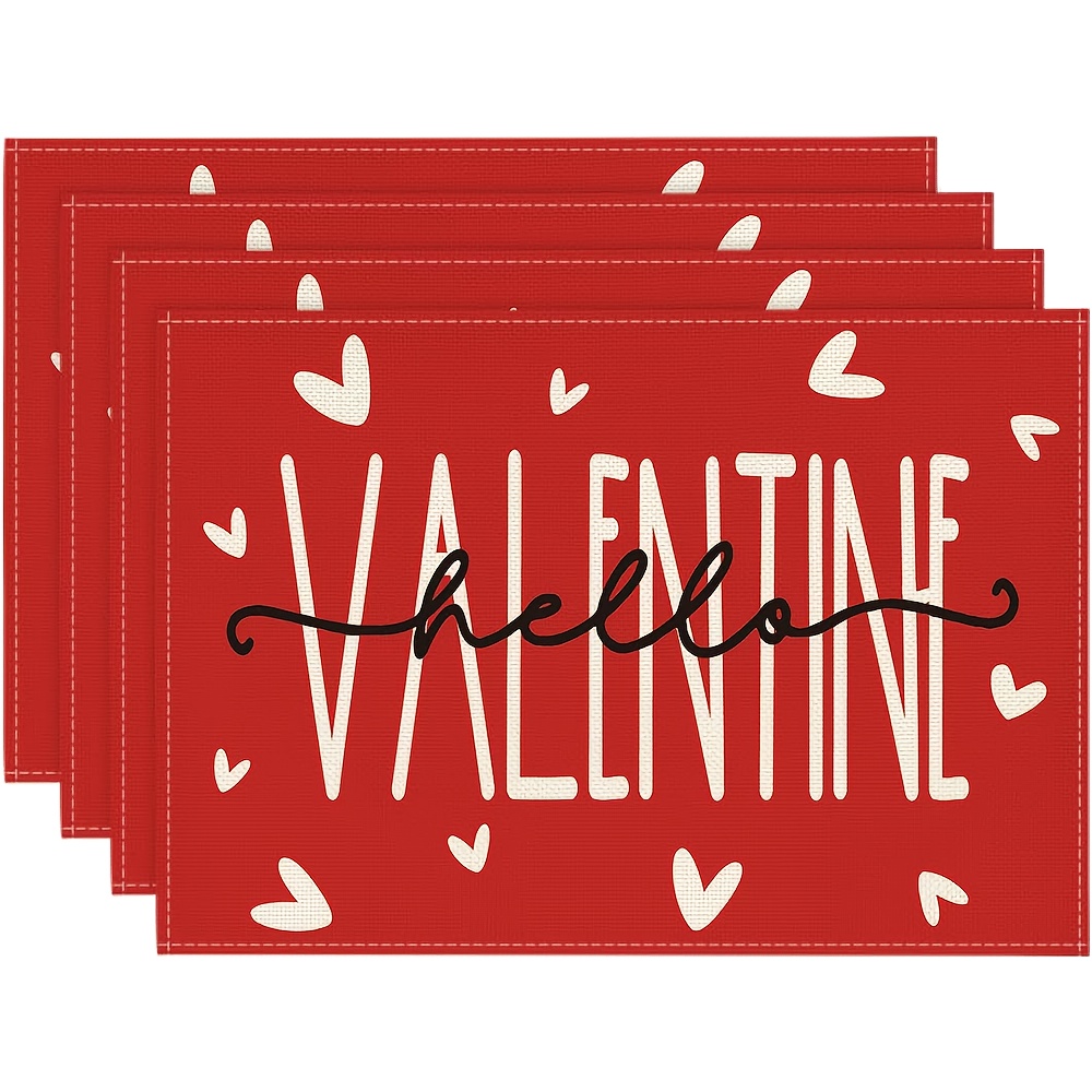 

4pcs Set "hello Valentine" Red Heart Placemats, 12x18 Inch - Polyester, Hand Wash Only, Table Mats For Romantic Dining & Party Decor, Valentines Decorations