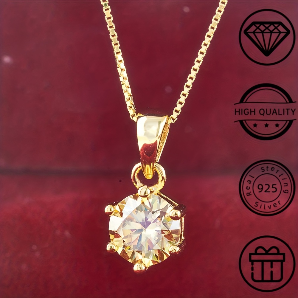 

1 Carat Moissanite Pendant Necklace, 6.5mm, 925 Sterling Silver, 14k Golden Plated, Elegant Fashion Jewelry For Women, Ideal For And Gift , Day, Valentine's, Engagement, Wedding, Anniversary, Birthday