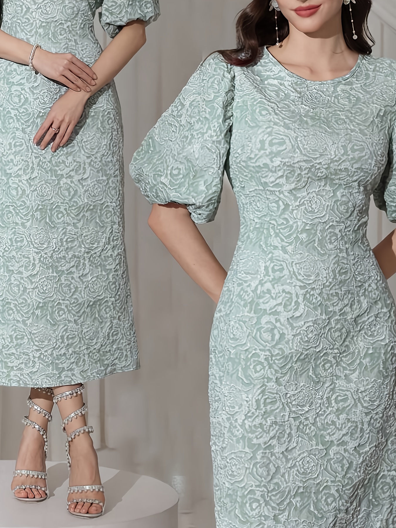 Newness Rosebud Textured Floral Midi Dress Newness Bangladesh Rosebud Textured Floral Midi Dress in blush pink showcasing puff sleeves and ruffled hem