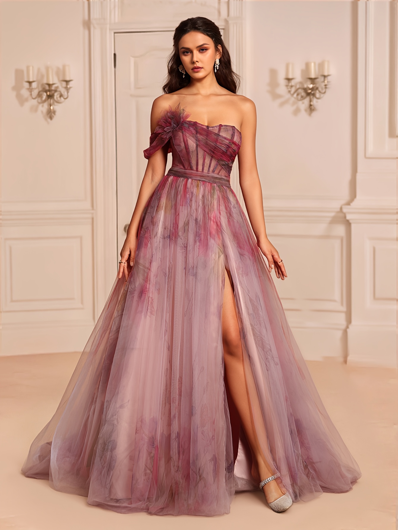 strapless open back dress SELF-PORTRAIT Velvet bandeau long Dress BORDEAUX