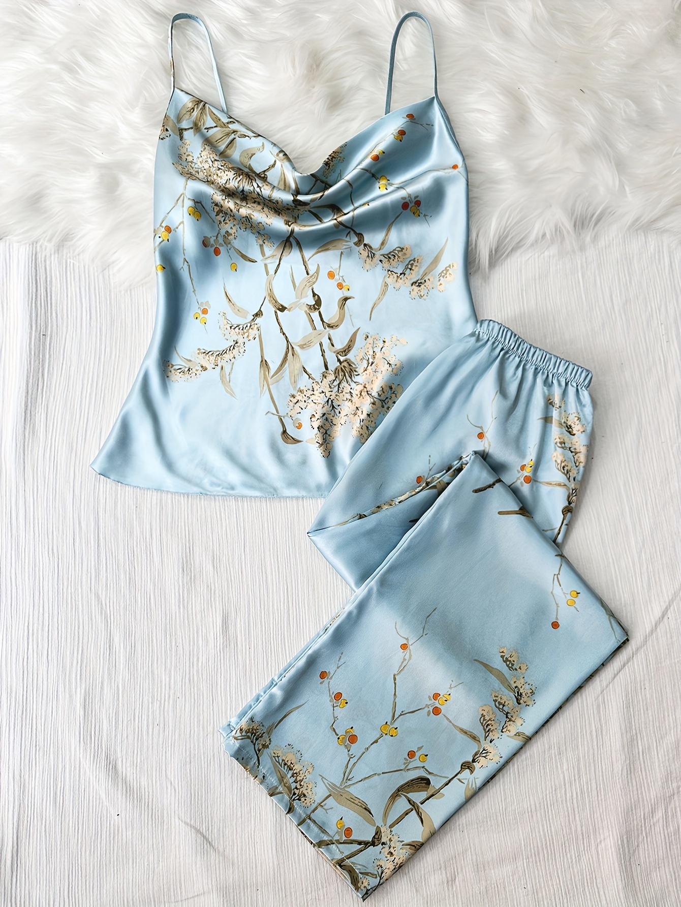 Floral Print Pajama Set Draped Collar Cami Top Elastic - Temu