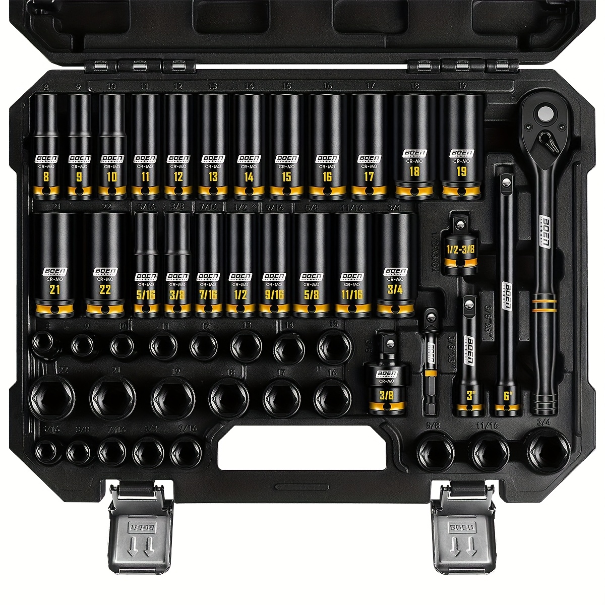 TEMU Boen 3/8" Drive Impact Socket Set, 50pcs - Complete Sae (5/16" To 3/4") & Metric (8mm-22mm) Sizes, Deep & Shallow Designs, 6-point Construction