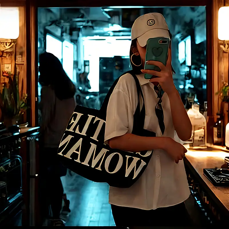 canvas tote bag large capacity white letter print shoulder bag for everyday use everyday shoulder bag bag simple tote construction details 3