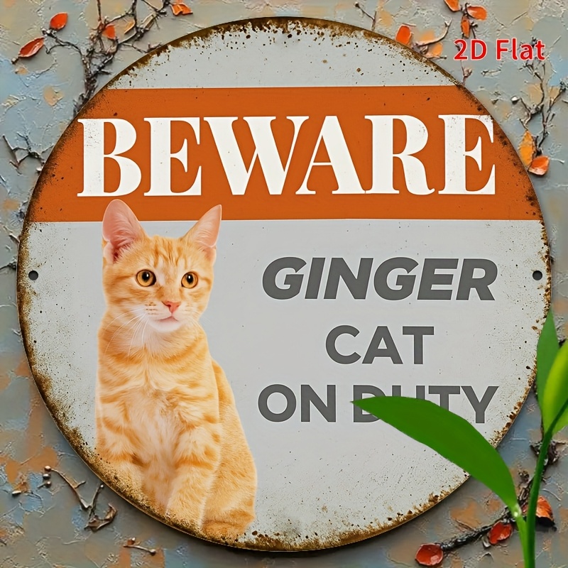 TEMU 2d Flat, [2d Flat] 1pc, Humorous "beware Of Ginger Cat " Round Metal Sign, 8x8 Inches - Vintage Aluminum Wall Decor For Home, Yard, Porch,