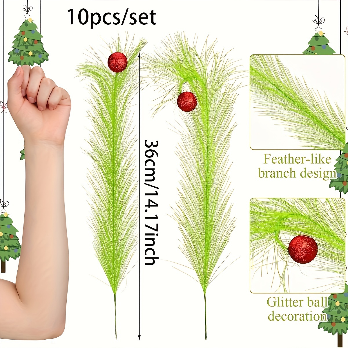 Image of 10 Christmas Artificial With Artificial Green Pampas Grass And Red Balls Holiday Gift Set, Suitable For Diy Christmas Tree Decorations, Freestanding Elf Decorations, Home Decor, Christmas Decorations