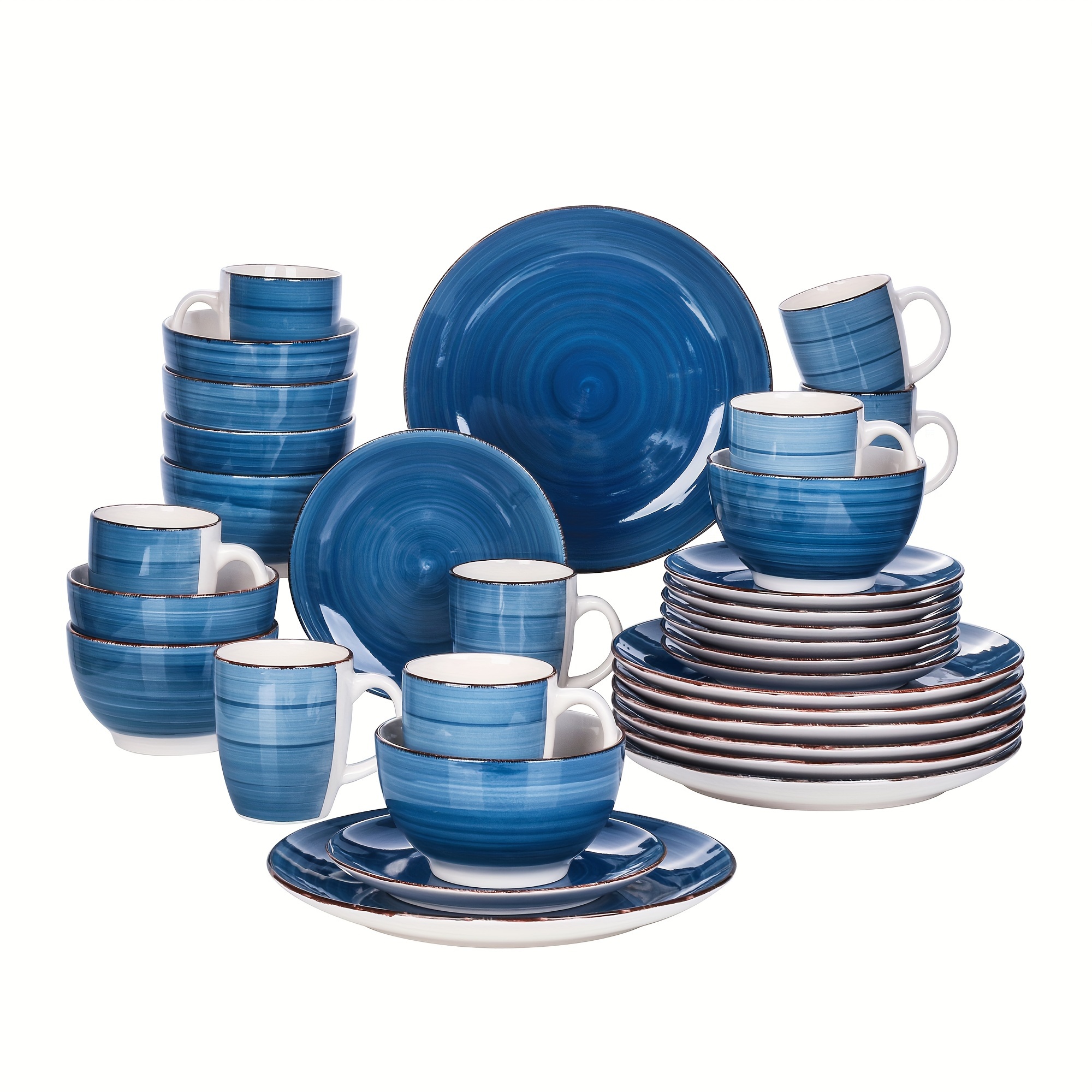 Dinnerware Sets For 8, Plate Bowl Set Handpainted Tableware, 32pcs Blue Dinner Service With Dinner Plate/dessert Plate/cereal Bowl/mug, Easy To Clean, Blue