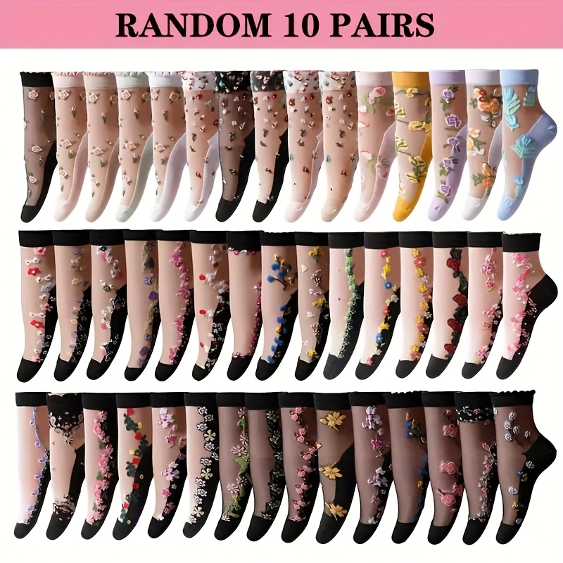 TEMU 10 Pairs Of Lightweight Breathable Jacquard Glass Crystal Socks | , Spring/summer Women's Lightweight Breathable Floral Ankle Socks |