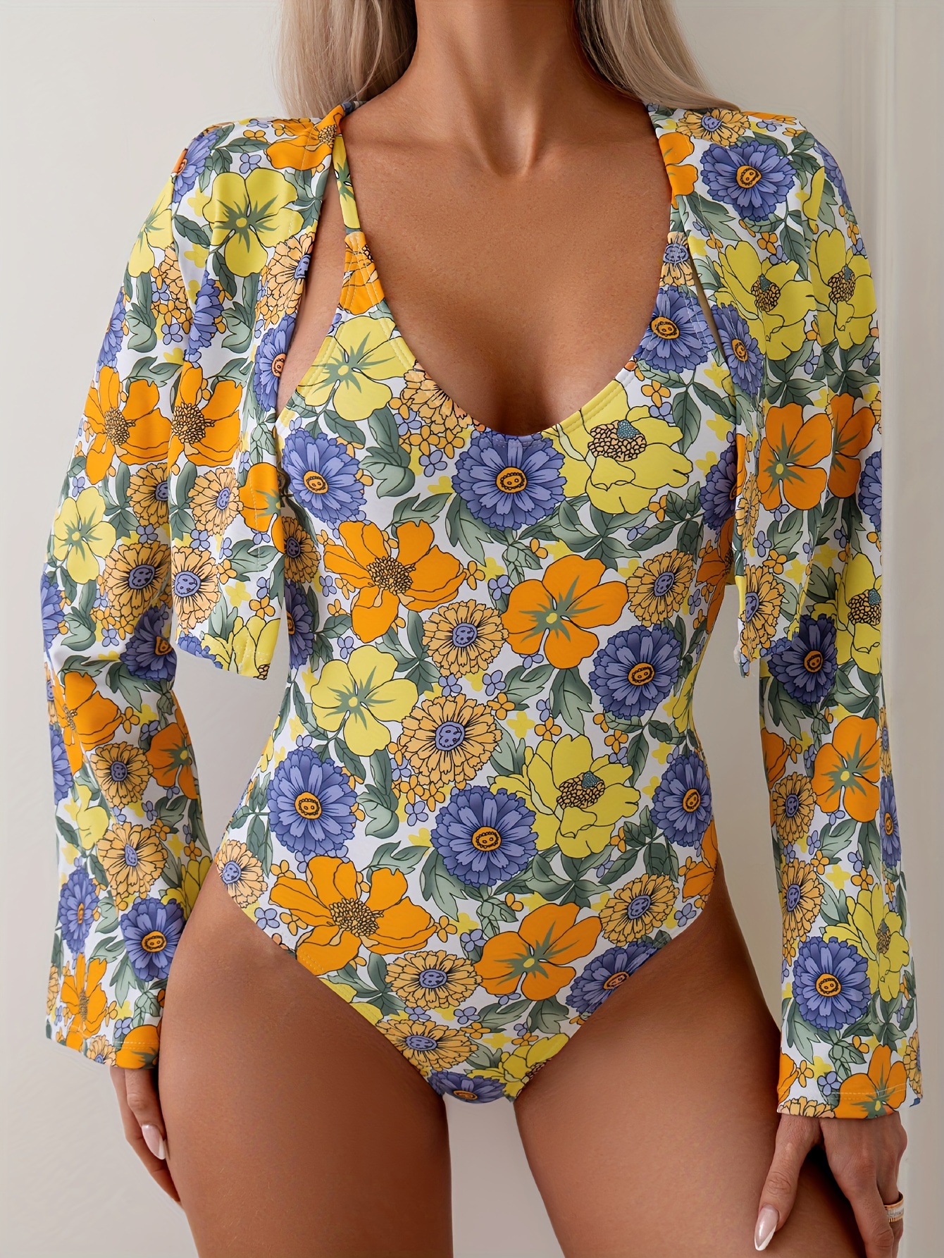 Floral Pattern Swimsuits Round Neck Bathing suit - Temu