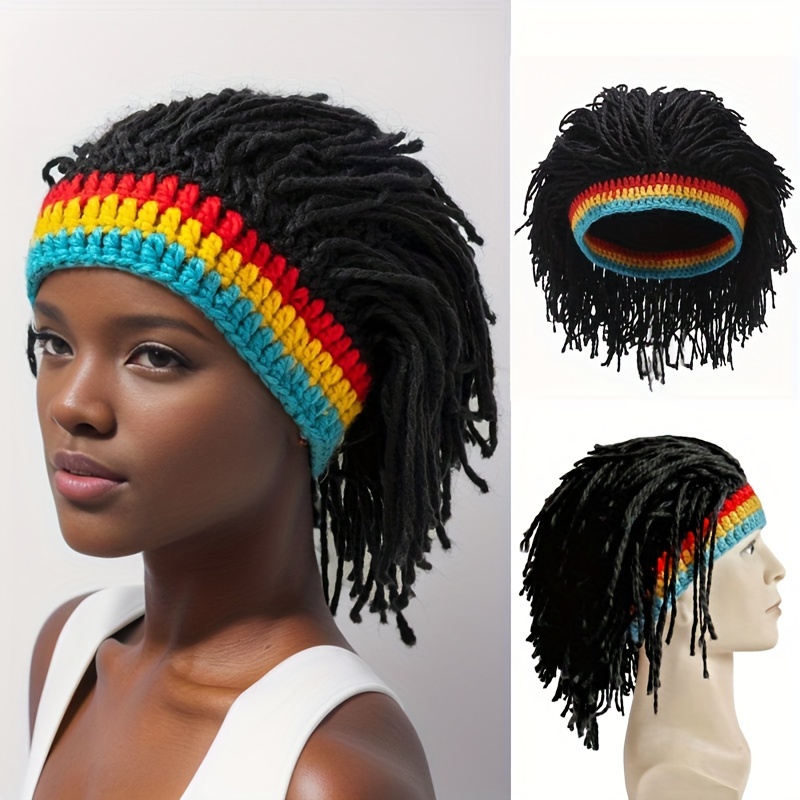 

1pc Bonnet en polyester tricoté unisexe avec dreadlocks - Casquette élastique pour fête hip-hop, chapeau d'hiver chaud avec design à rayures colorées, plumes, lavable à