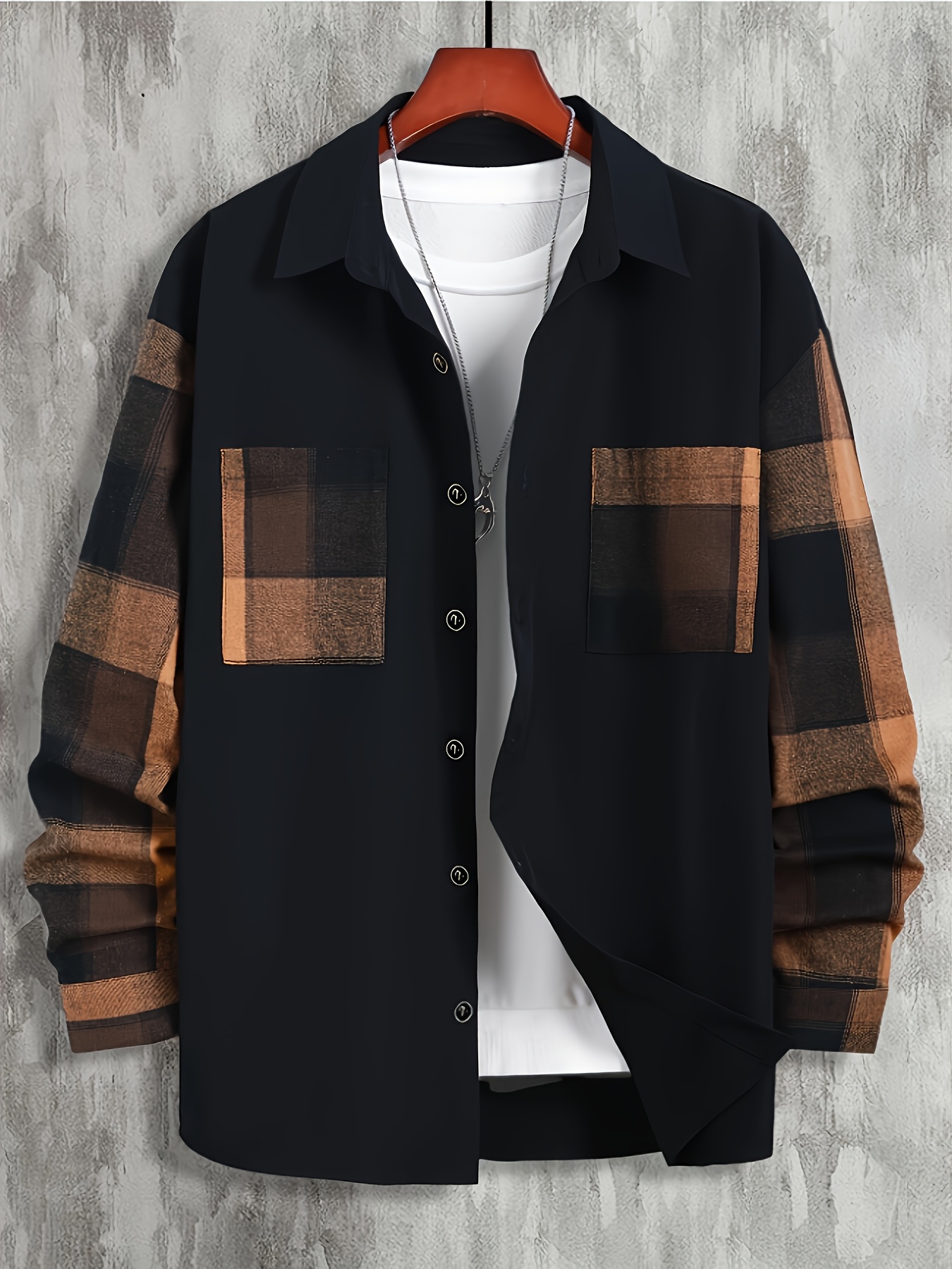 قميص رجالي كاجوال بأكمام طويلة بنقشة مربعات مع جيوب - نمط عمل كلاسيكي، ياقة بأزرار، قماش غير مطاطي، قصة عادية، قميص متعدد الاستخدامات للربيع/الخريف، ملابس عمل كاجوال | قميص بنقشة مربعات | قميص بياقة بأزرار