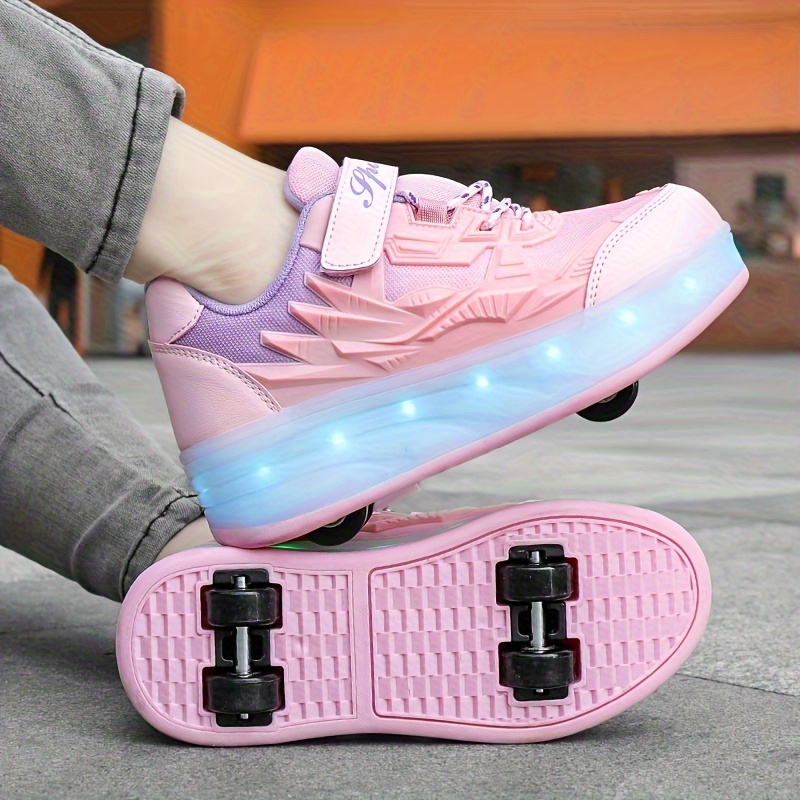 

Trendy Cool Low Top Roller Skateboard Shoes With Rechargeable Led Light For Girls, Lightweight Anti Slip Double-wheeled Shoes For Outdoor, All Seasons