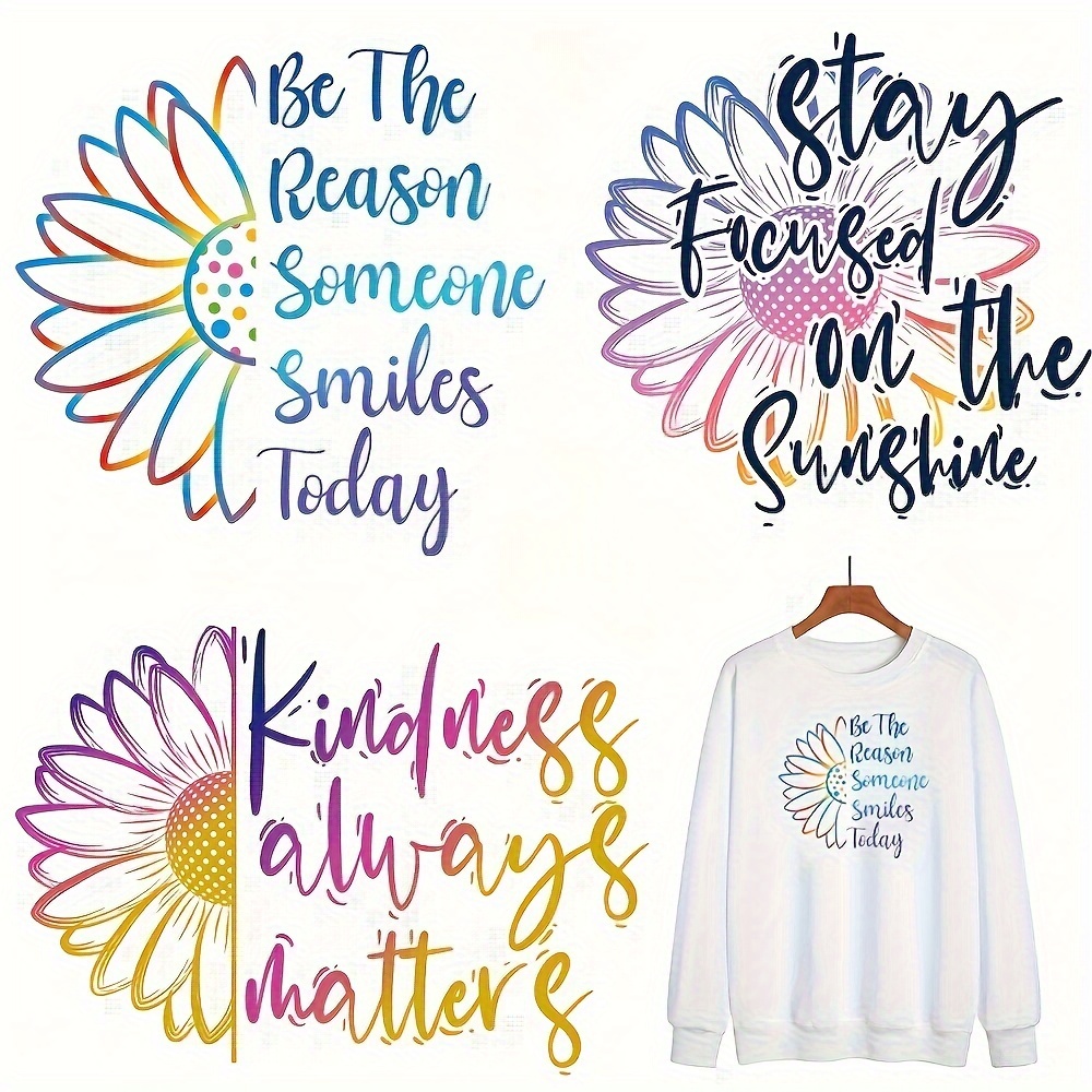 TEMU 3pcs Inspirational Sunflower Iron-on Transfers, Mixed Color Vinyl Heat Press Decals For , T-shirts, Denim Jackets - Kindness, , Someone Today