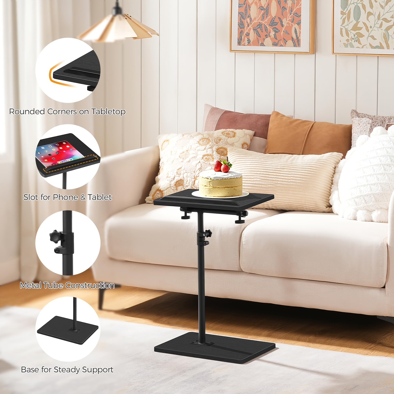 360° Rotating Side Table- Adjustable Height Coffee Table For Small Spaces (50.8-75cm)-versatile Nightstand, Living Room Accent Table, Metal Frame-stylish