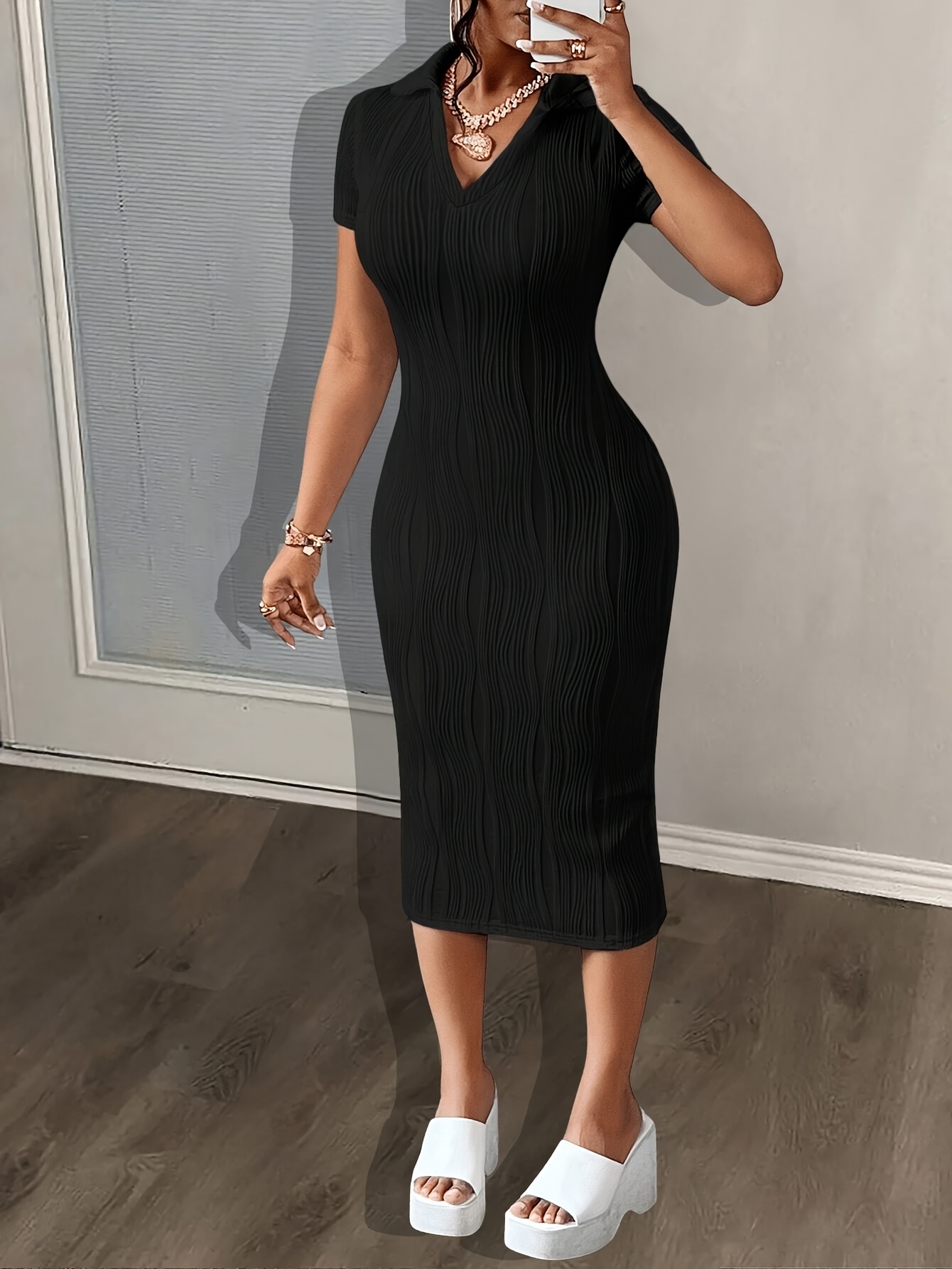 knee length dresses for ladies Boatneck 3/4 Sleeve Side Slit Pencil Dress – The Dress Outlet main image 1