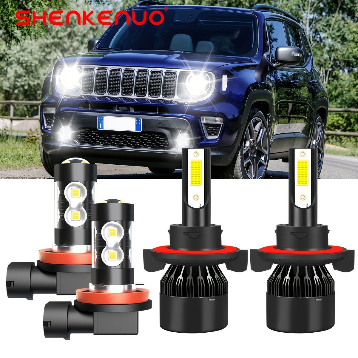 TEMU 4pcs For Renegade 2015-2021 9008/ H13 High/ Low Beam Bulbs H11 Fog Light Bulbs Combo, Brand New 6000k 36000lm White Led Headlight Bulbs Plug And