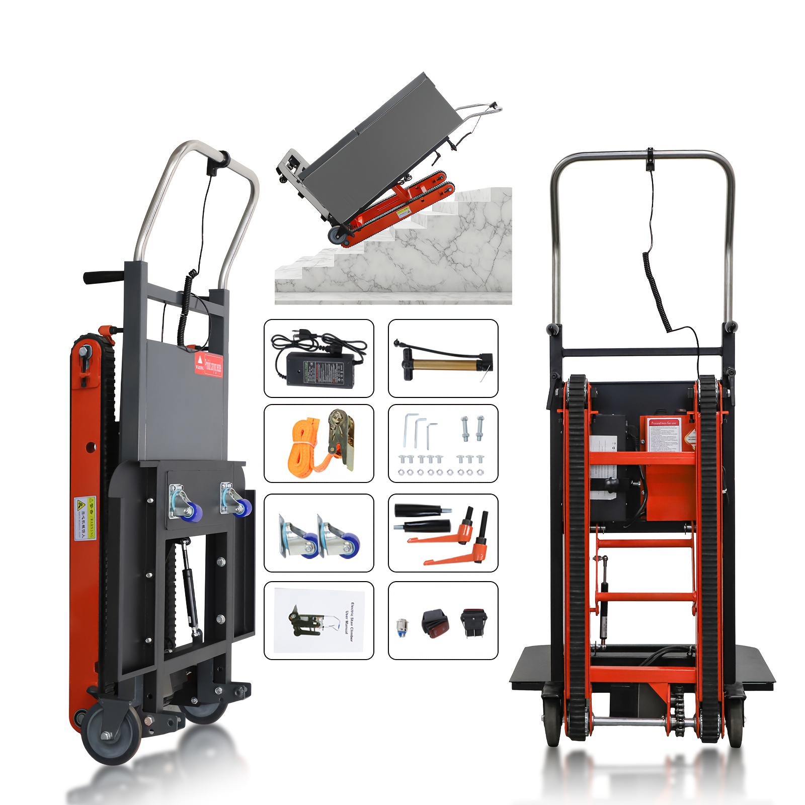 1pc orange   powered electric stair climber hand truck   for moving 441lb capacity heavy with removable extension tray tracks trolley cart with wheels