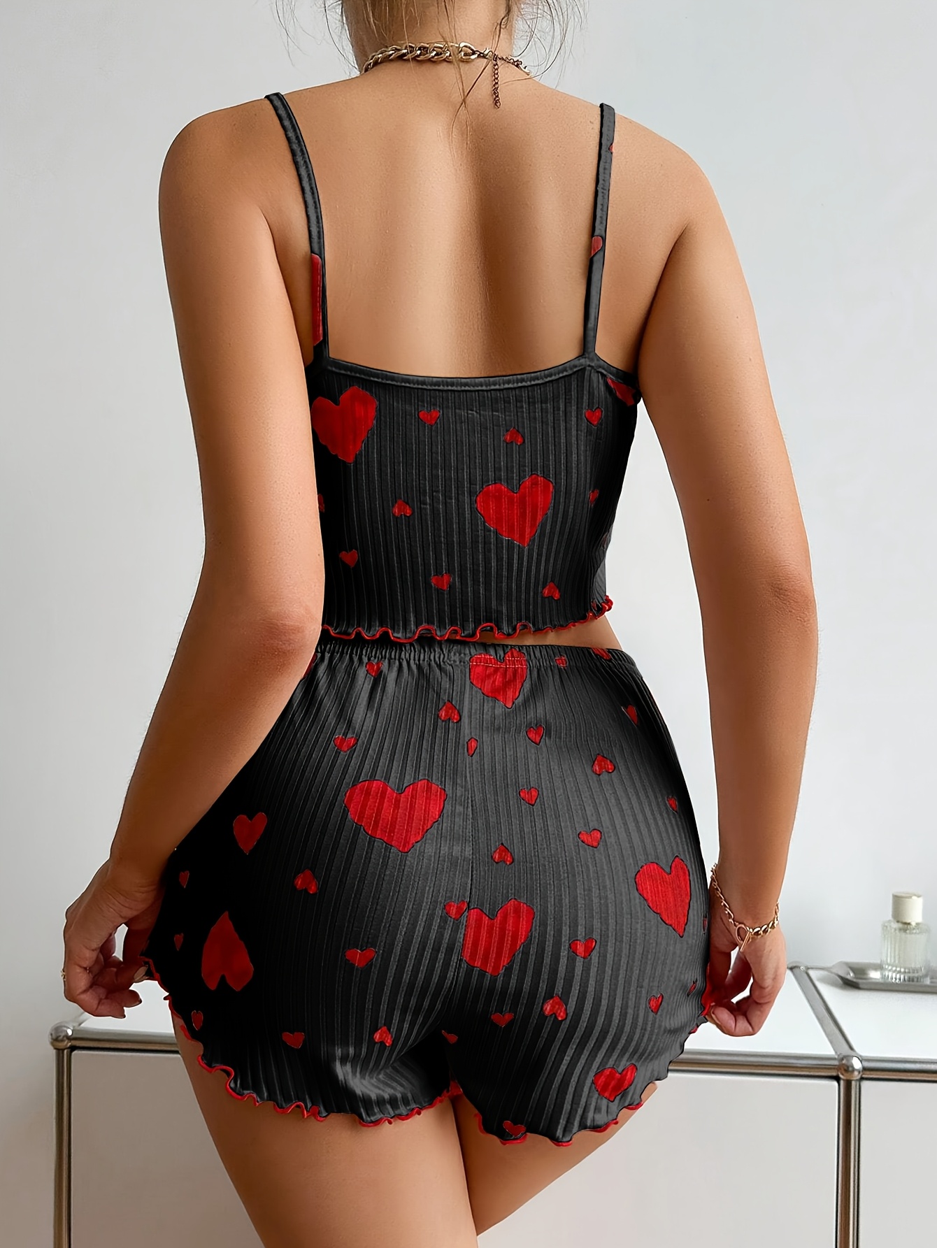 Ladies' Heart Patterned Attractive Ribbed Pajama Ensemble, Round Neck Backless Crop Camisole And Shorts, Cozy Loose Fit, Summer Sleepwear