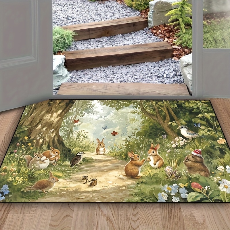 TEMU 1pc Dockray Handmade Spring Forest Floral And Rabbit Non-slip Welcome Mat - Easter Spring Floral Washable Indoor/outdoor Doormat For Easter,