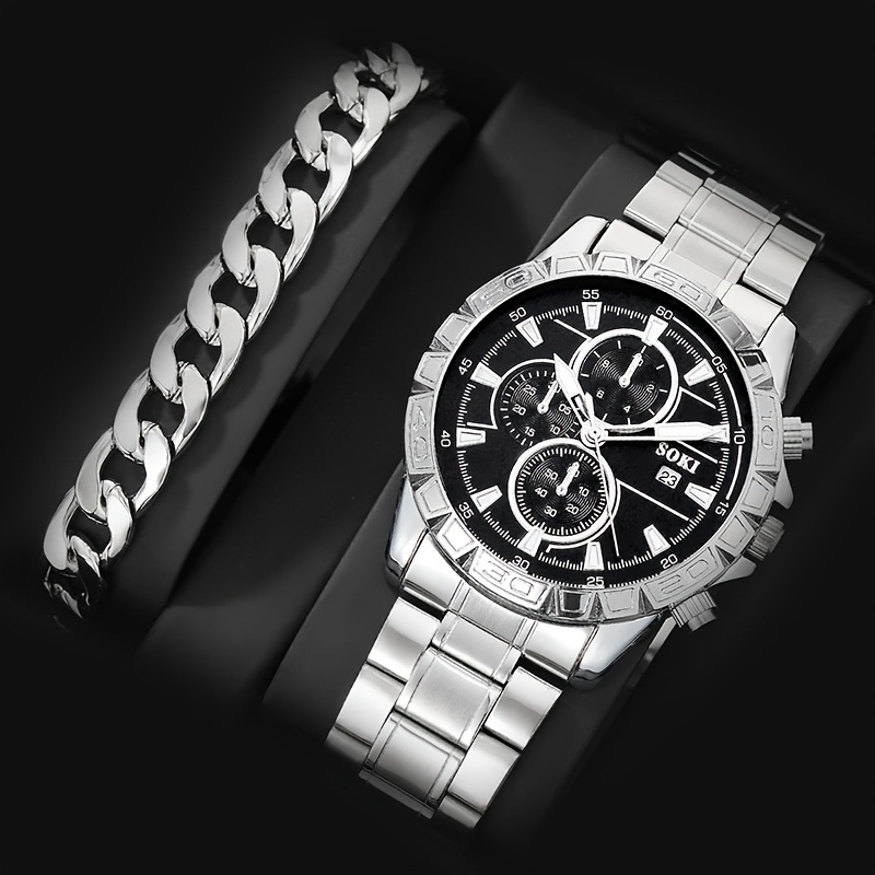 

2 Pcs Silvery Quartz Watches Alloy Strap Alloy Pointer Alloy Dial And Bracelet For Women Men