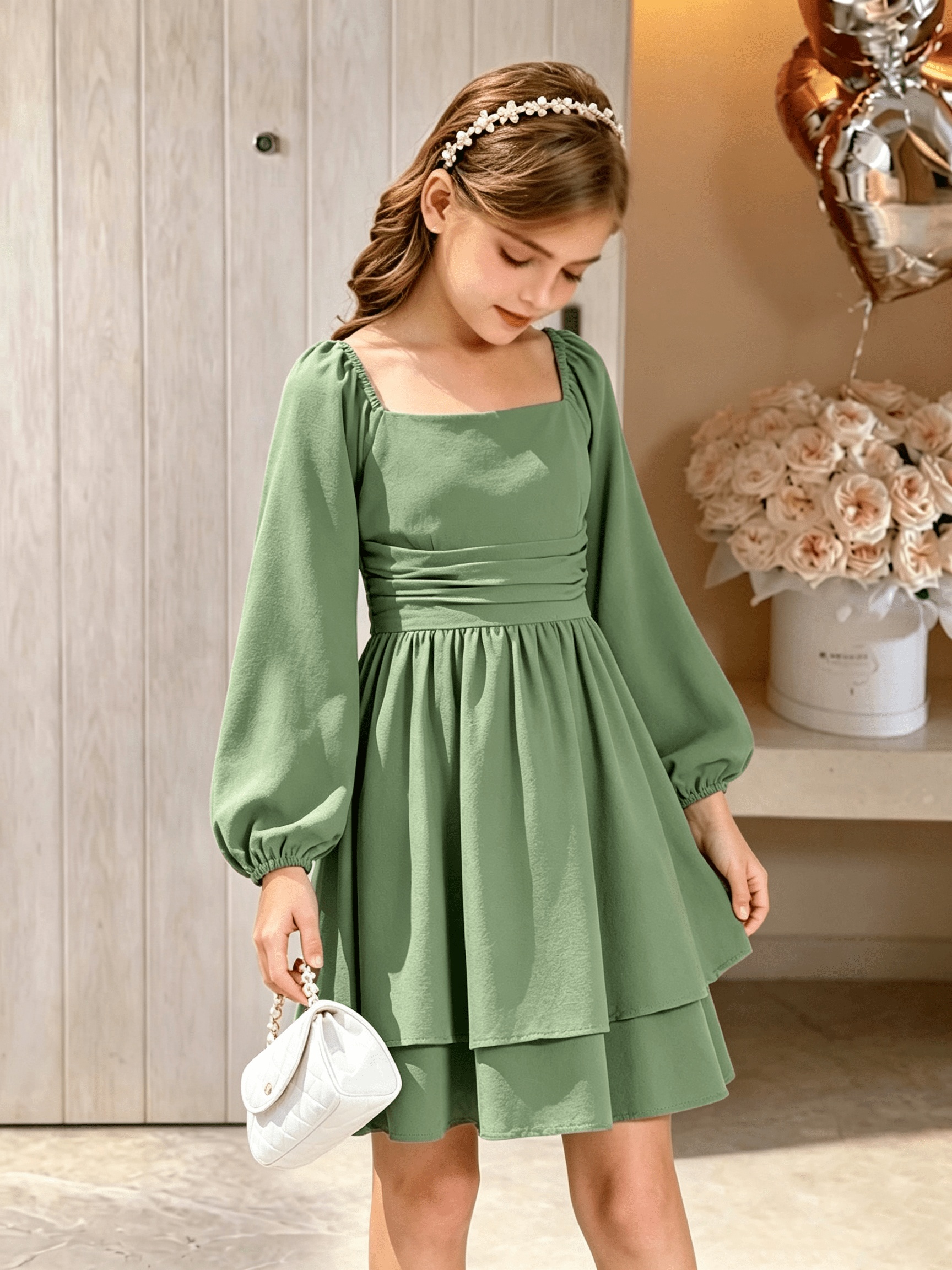 green dress australia Girls Sage * Neck Puff Long Sleeve Layered Hem Swing Dress, Ruched Waist Elegant Formal Party for Wedding Birthday Banquet elegant dark green dress