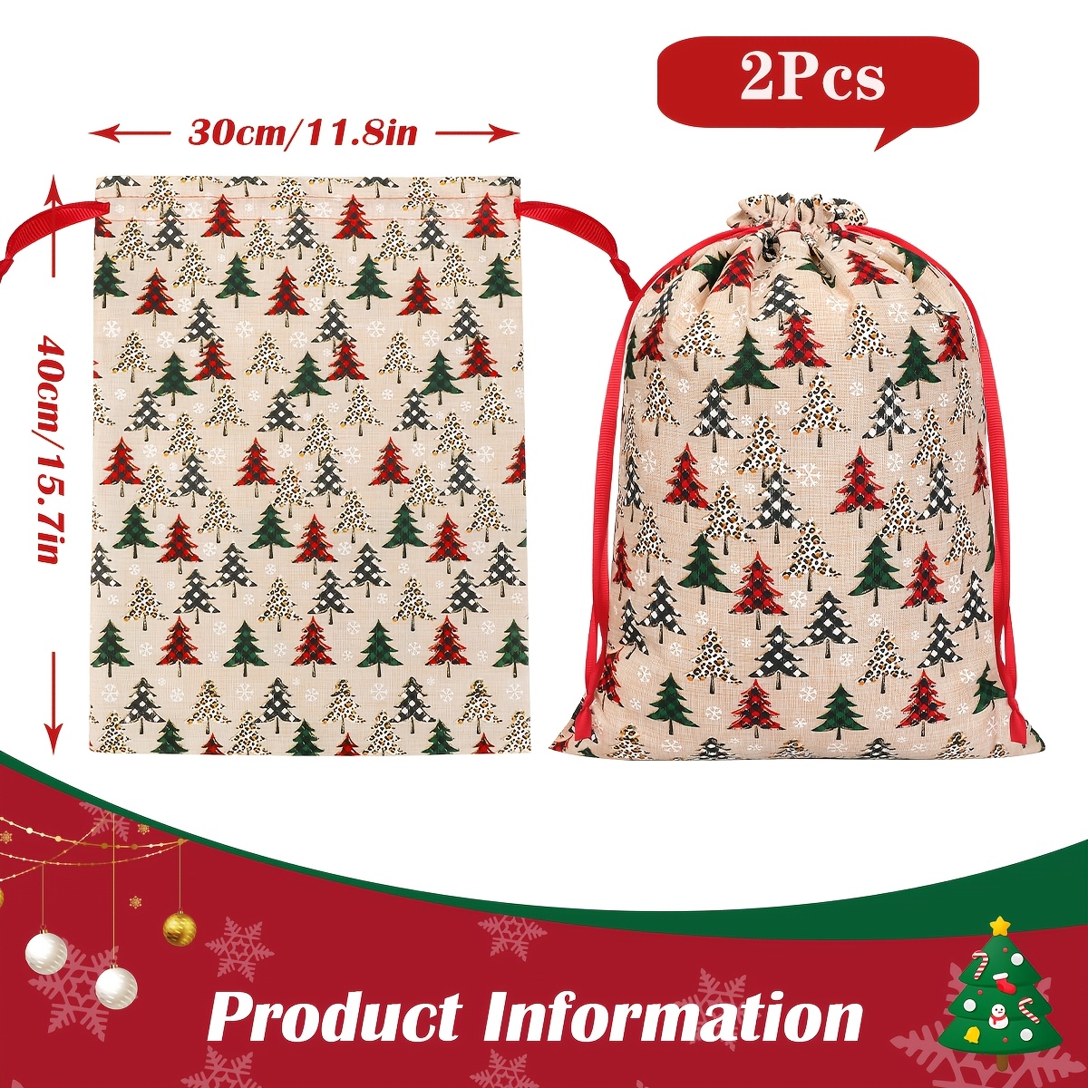 TEMU 2pcs Large Christmas Burlap Drawstring Gift Bags 11.8*15.7" Big Xmas Sacks Treat & Candy Goody Bags Sacks Reusable Pouches For Filling Xmas Gift