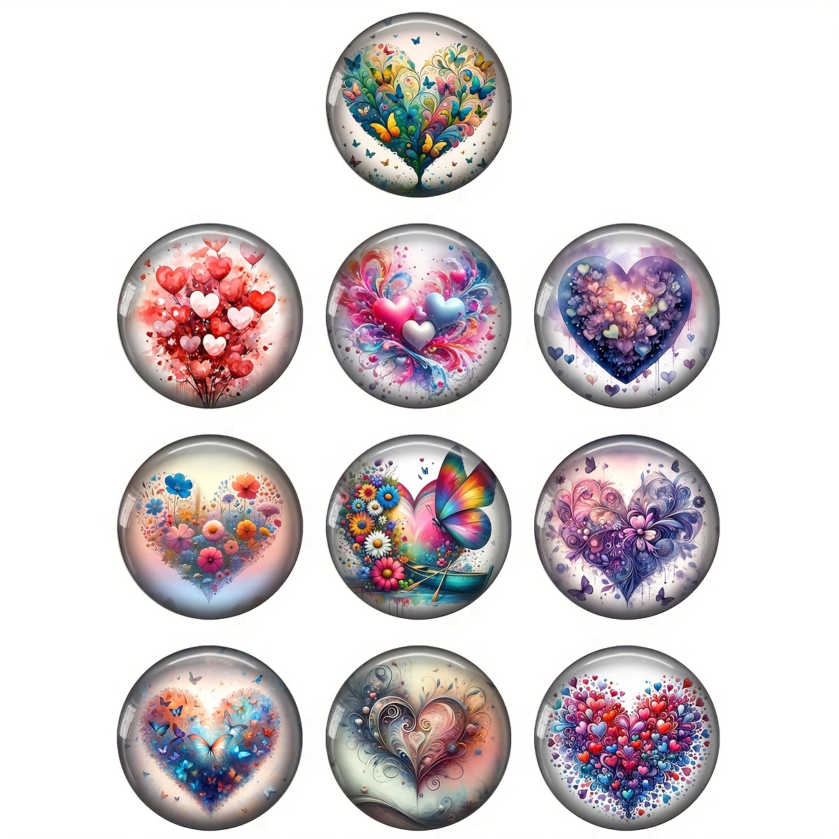 

10pcs Omgala Watercolor Heart & Floral Glass Cabochons, 20mm/25mm Mixed Art Patterns With Vibrant Flowers, Butterflies & Abstract Designs For Making, Jewelry Making Supplies