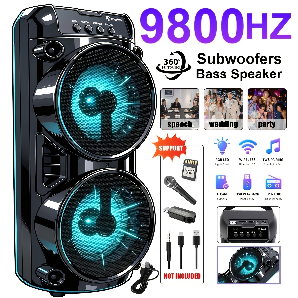 TEMU Portable Wireless Wireless Speaker With High Power Dual Channel Stereo Rgb Light Effect Tws Stereo And Fm Radio Function Suitable For Outdoor