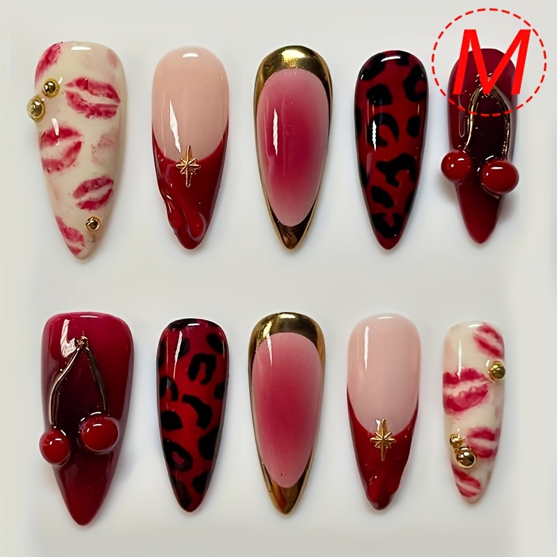 TEMU 10pcs Hand Worn Nail High-end Medium Almond False Nail 3d Cherry Charm Leopard Print And Powder Blusher Design Worn Repeatedly Delicate And