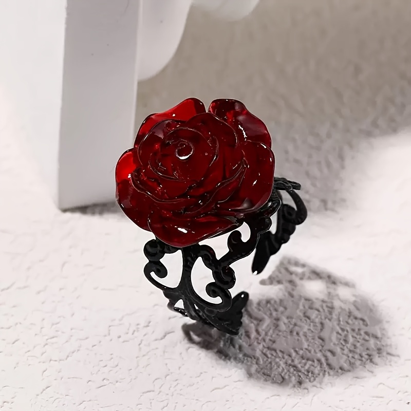 Gothic Dark Red Rose Flower Adjustable Ring