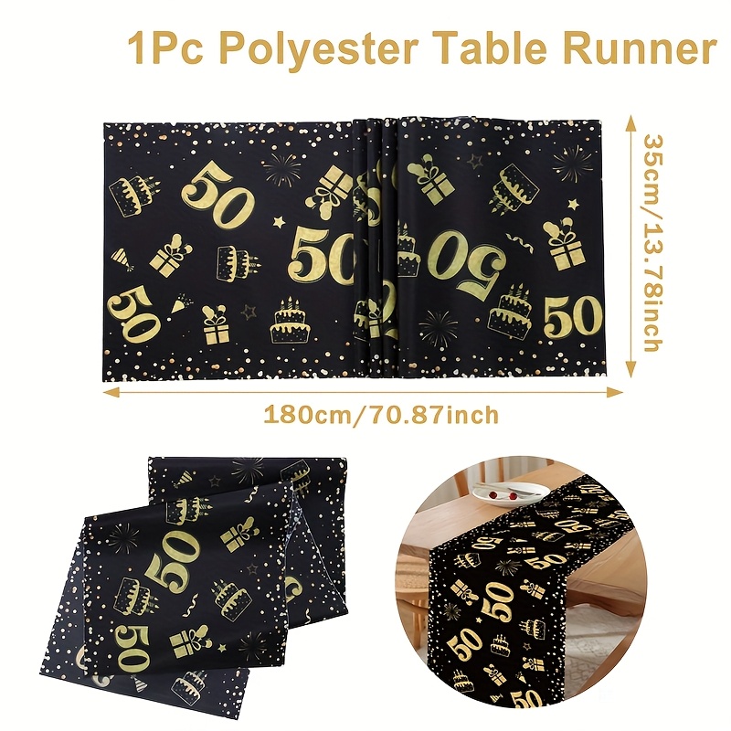TEMU 1pc Elegant 50th Birthday Table Runner - 180x35cm, Black With Golden "50" & Fireworks Design, Polyester, Perfect For Milestone Party Decorations