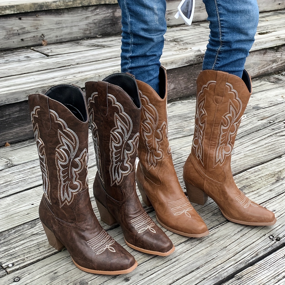 

Bottes brodées pour femmes, bottes de chevalier à talon épais et confortables à enfiler, bottes de cowboy occidentales à bout pointu mi-mollet