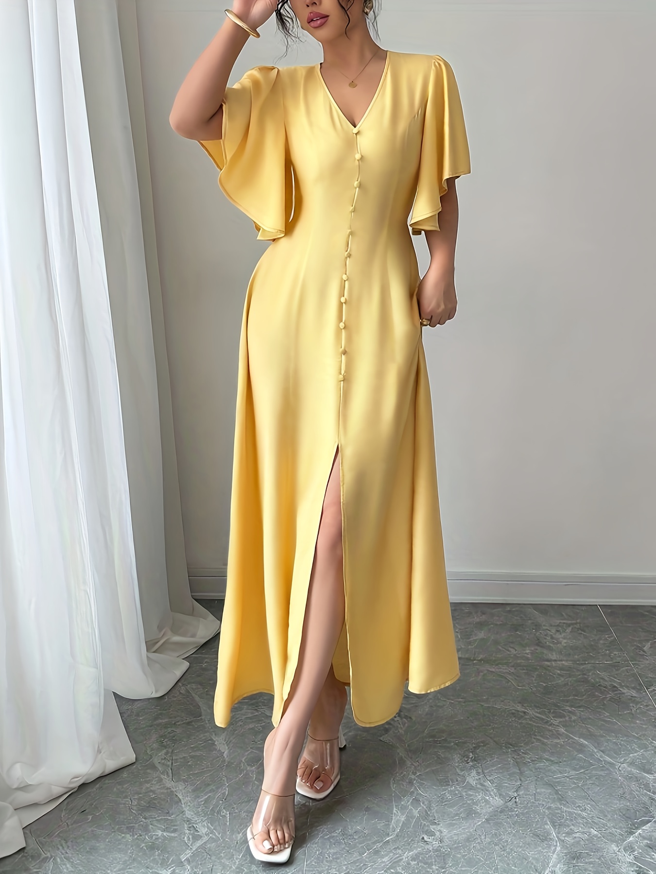 robe femme col v jaune moutarde robe longue a line Temu Switzerland