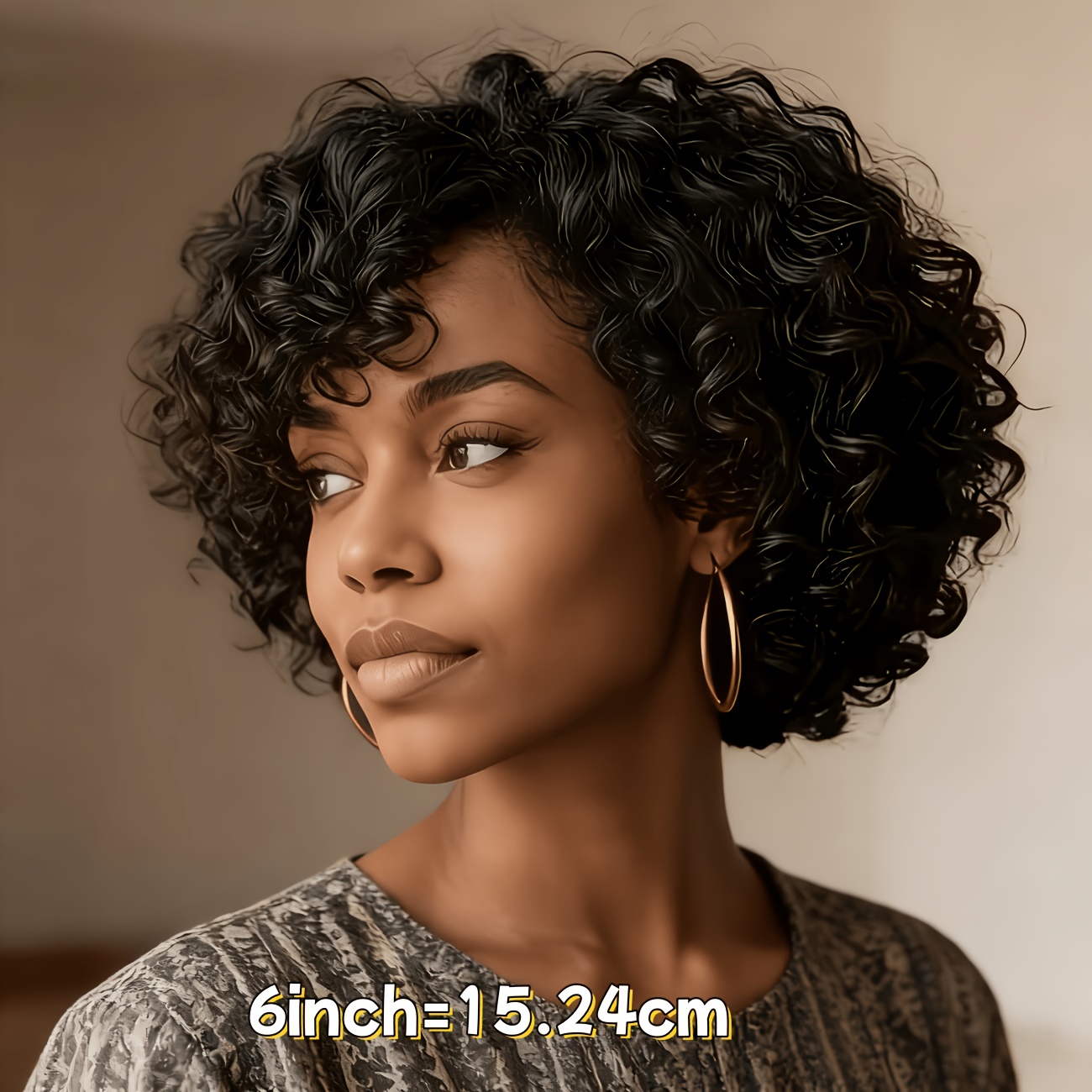 TEMU Layered Short Water Curly Cut Human Hair Wig For Women | Natural Black Colored With Bangs, Peruvian Hair, Cap, Full Machine Made, 15.24 Cm