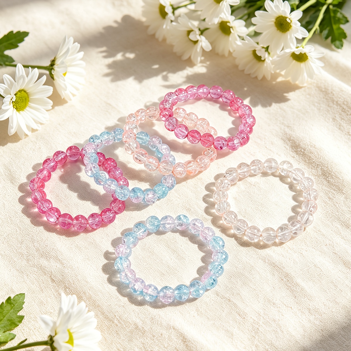 6pc Bohemian Pastel Crackle Glass Beaded Bracelets Set