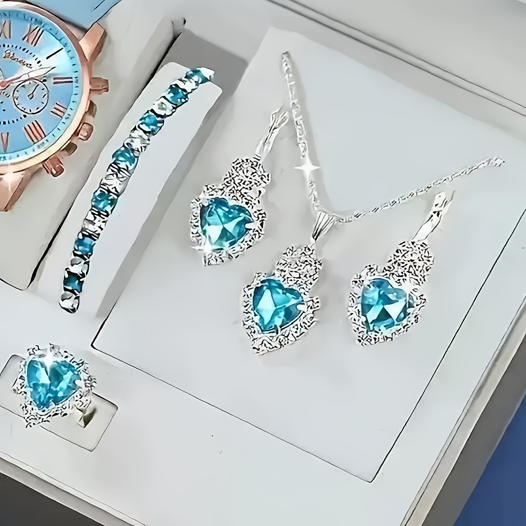TEMU 4pcs Luxury Women' Set, Sweet And Elegant Style (including Bracelet, Pendant Necklace, Earrings, And Ring). This Set Features Blue And Romantic