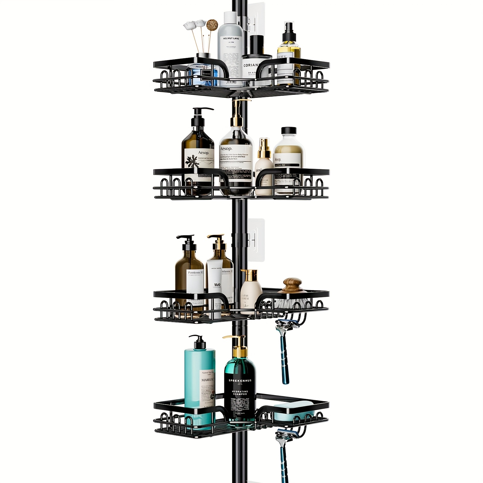 Image of 1pc Corner Shower Caddy With Soap Holder, Rustproof & Waterproof 304 Stainless Steel Shower Organizer Corner, Shower Shelf Tension Pole Extend From 26.7 To 108.3 Inch, Corner Shelves