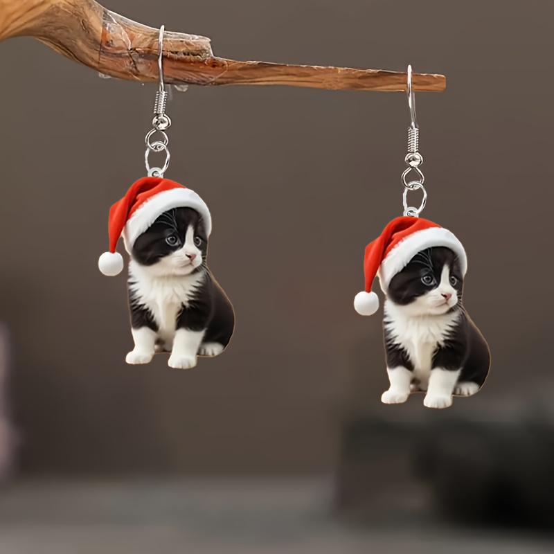 

Charming Black And White Cat Dangle Earrings With Festive Red Santa Hats, Elegant Cute Acrylic Drop For Christmas, No Plating - Gift For Friends, Party Accessory, All Seasons Compatible