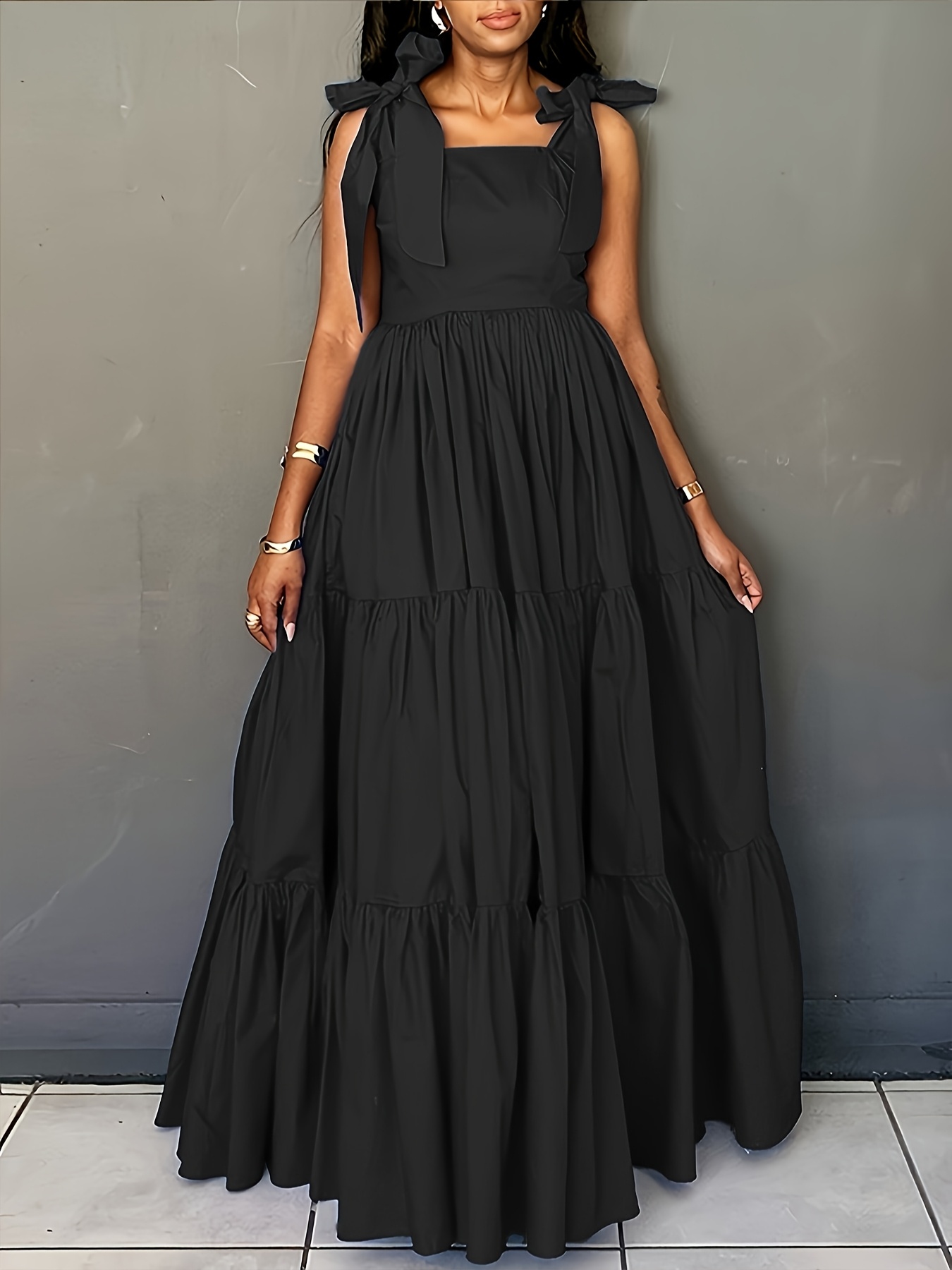 plus size elegant tie shoulder sleeveless maxi dress layered - Temu