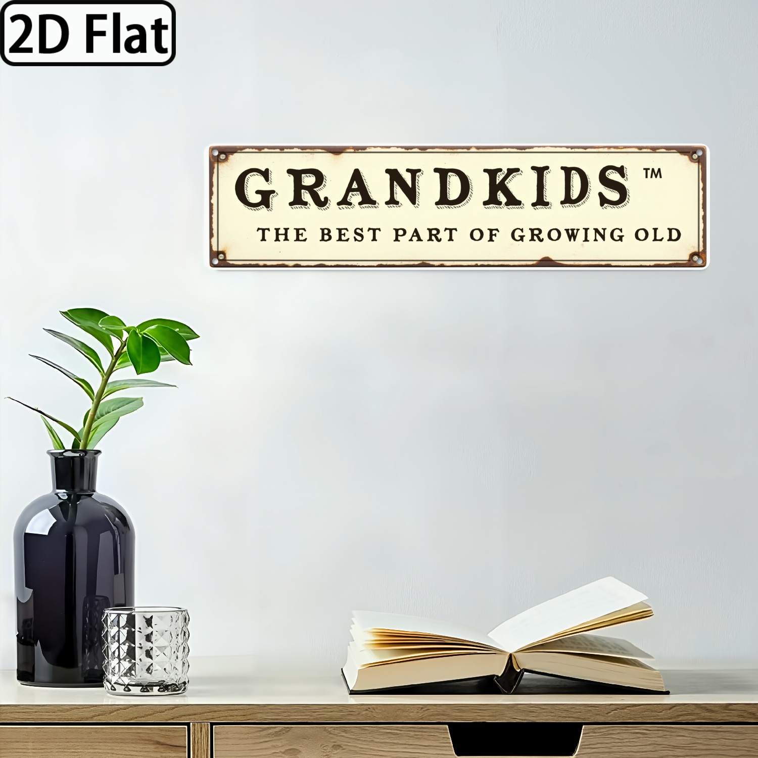 TEMU 2d Flat, "grandkids" Vintage Metal Wall Sign - 16x4 Inch Rustic Grandparents Gift With Grandkids Names Plate-like Design, Waterproof & Dustproof