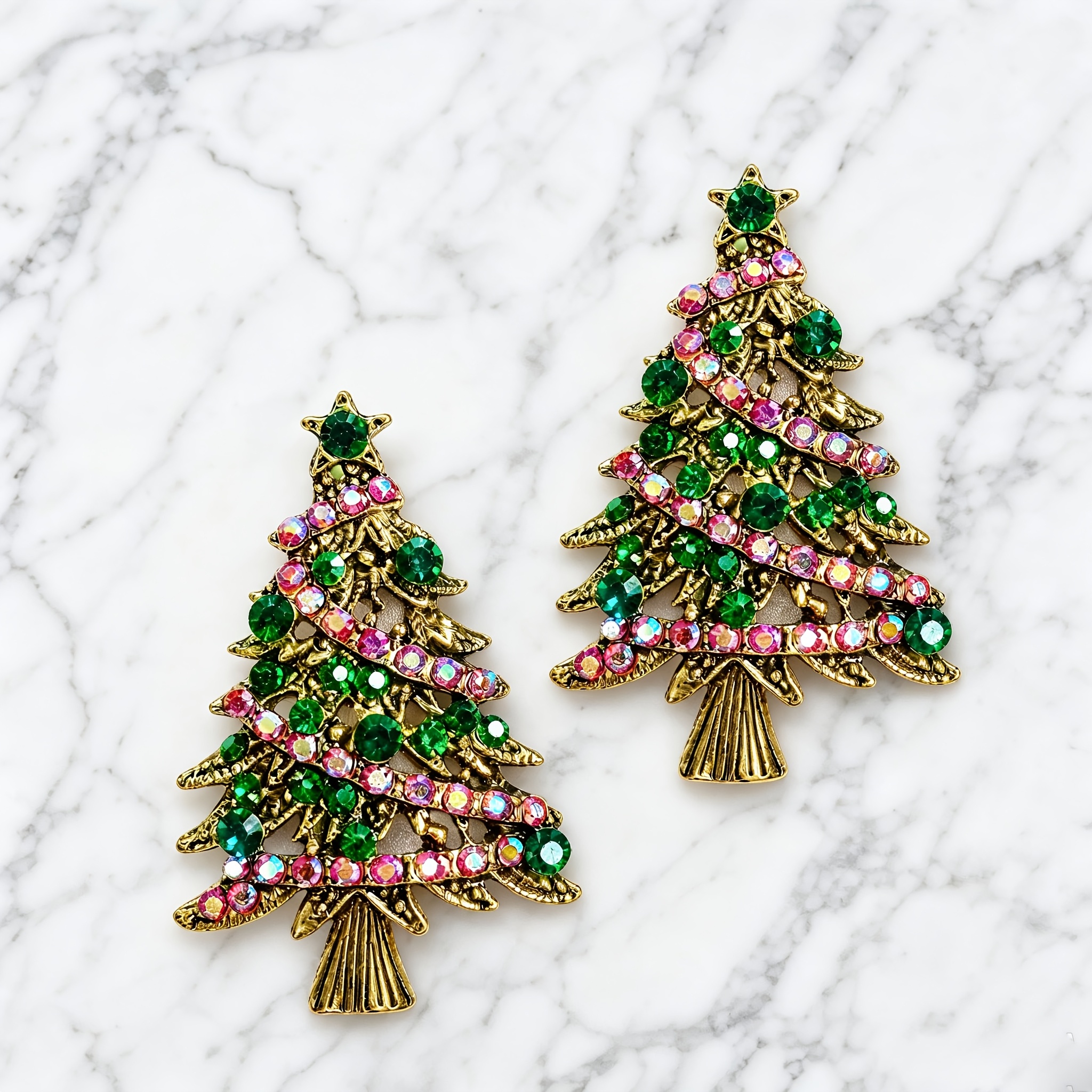 TEMU 2pcs Vintage Colorful Rhinestone Tree-shaped Pins, Christmas , Suitable For Long Coats, Jackets, Fabric Bags, Winter , Holiday Parties, And