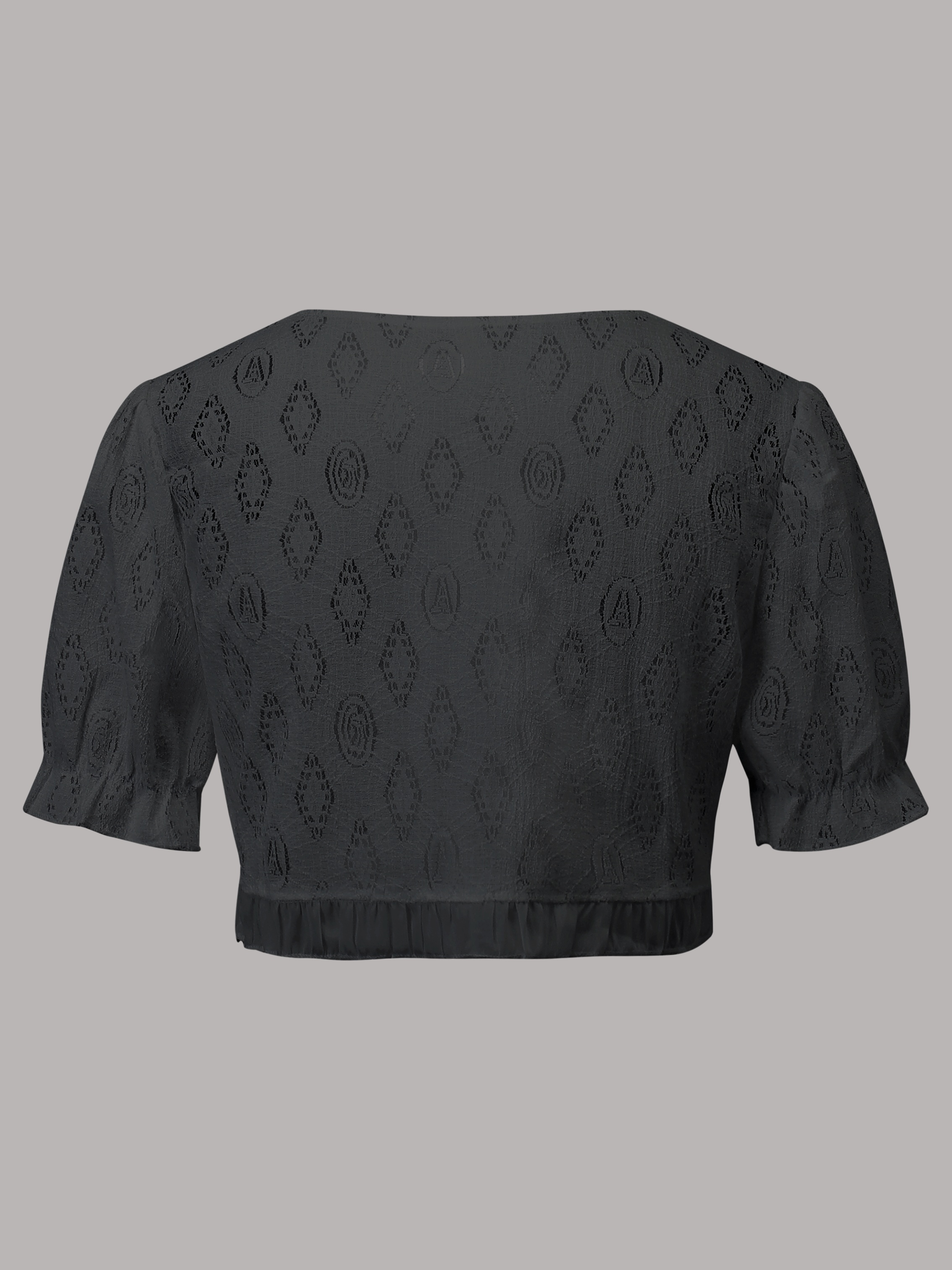 Solid Eyelet Contrast Lace Crop Cardigan, Elegant Puff Short Sleeve Open Front Top, Women's Clothing