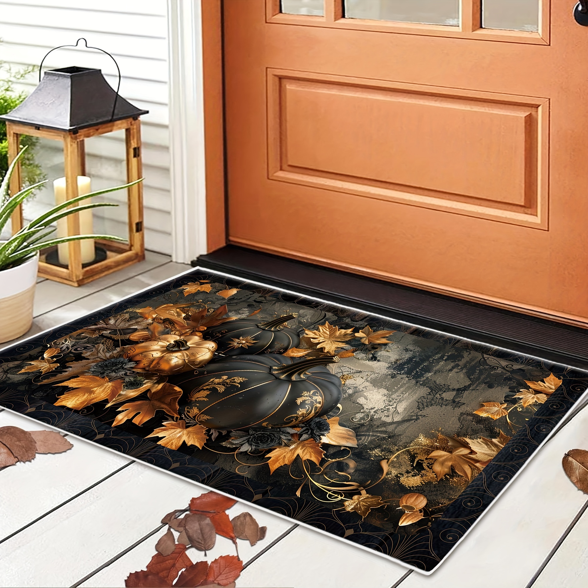 

Chic Pumpkin & Maple Leaves Floor Mat - Non-slip, Easy Clean Crystal Velvet Area Rug For Home & Office Decor