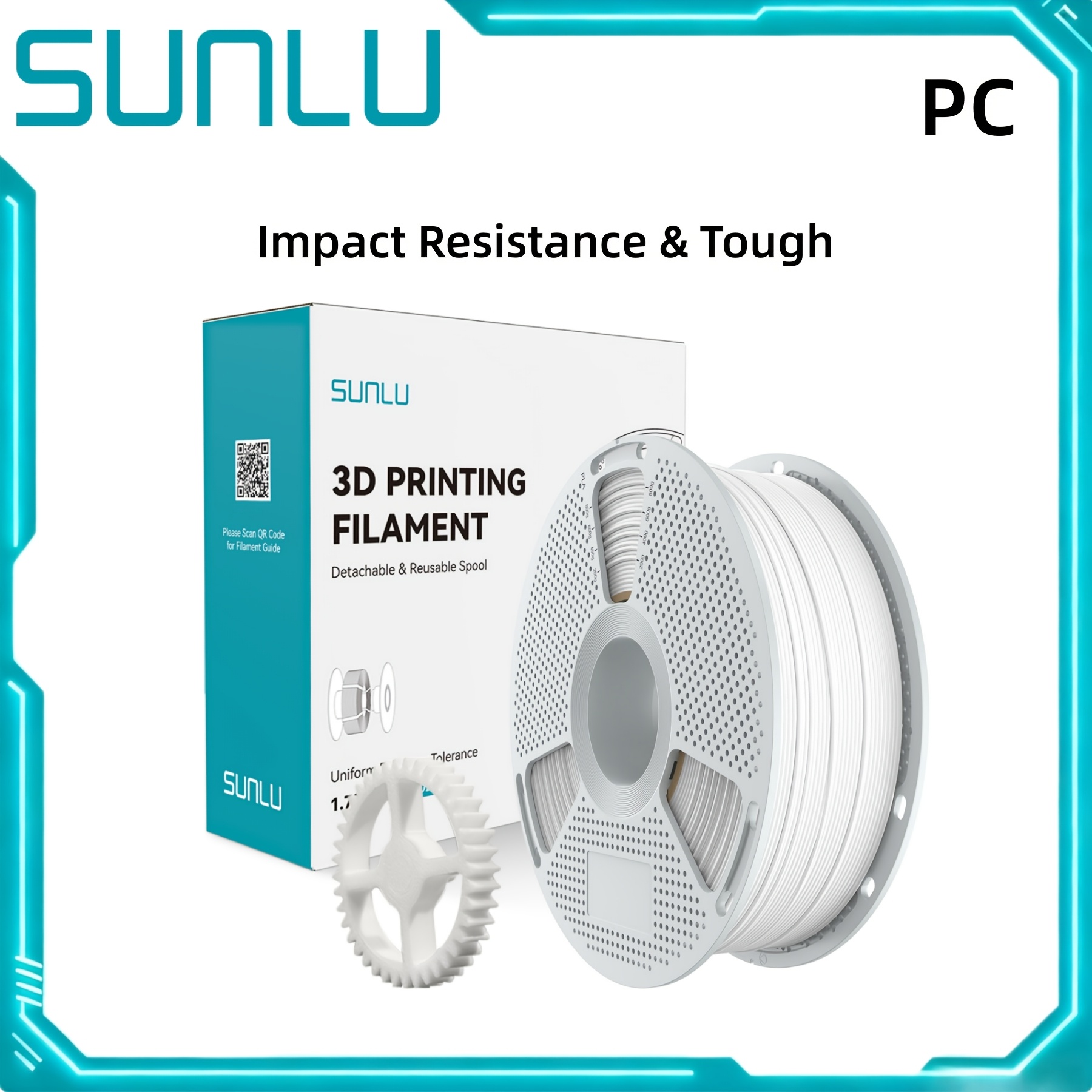 Sunlu Pc 3d Printer Filament - Polycarbonate Filament, Strength, Heat-resistant Reusable Spool, No-warp, +/-0.02mm Accuracy, Strong & Durable Engineering Material, 1kg(2.2lbs)