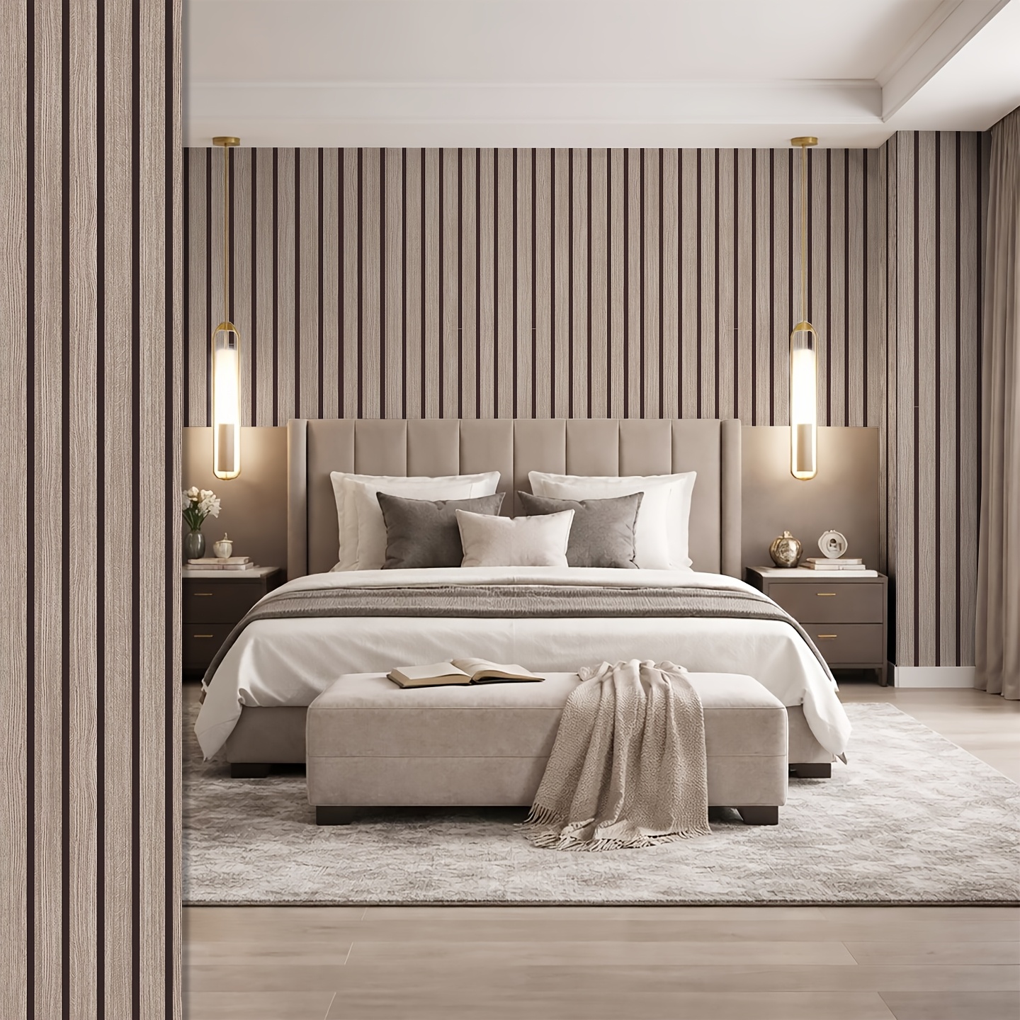 Image of Self Adhesive Foam Slat Wallpaper Wood Grain Stripe Wall Sticker Peel And Stick Soft Cushion Design Cuttable Reduce Echo For Bedroom Living Room Tv Background Entryway Cafe Accent Wall Decor
