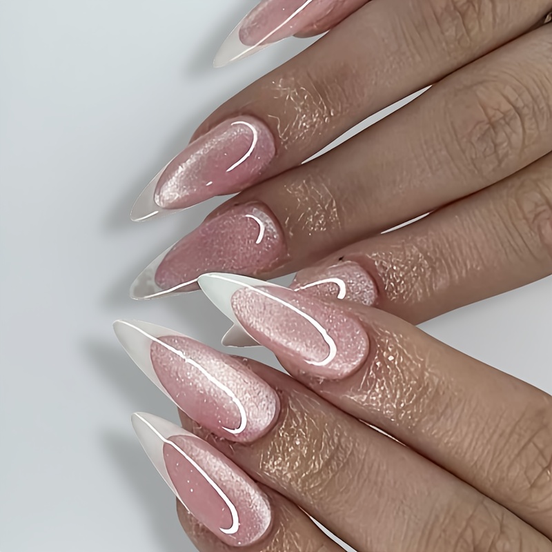 TEMU 24pcs Faux Ongles à Coller Oeil de Chat Aurora, Ongles Faux Oeil de Chat Français à Bord Blanc, Ongles Amovibles à Couverture Complète, Convient