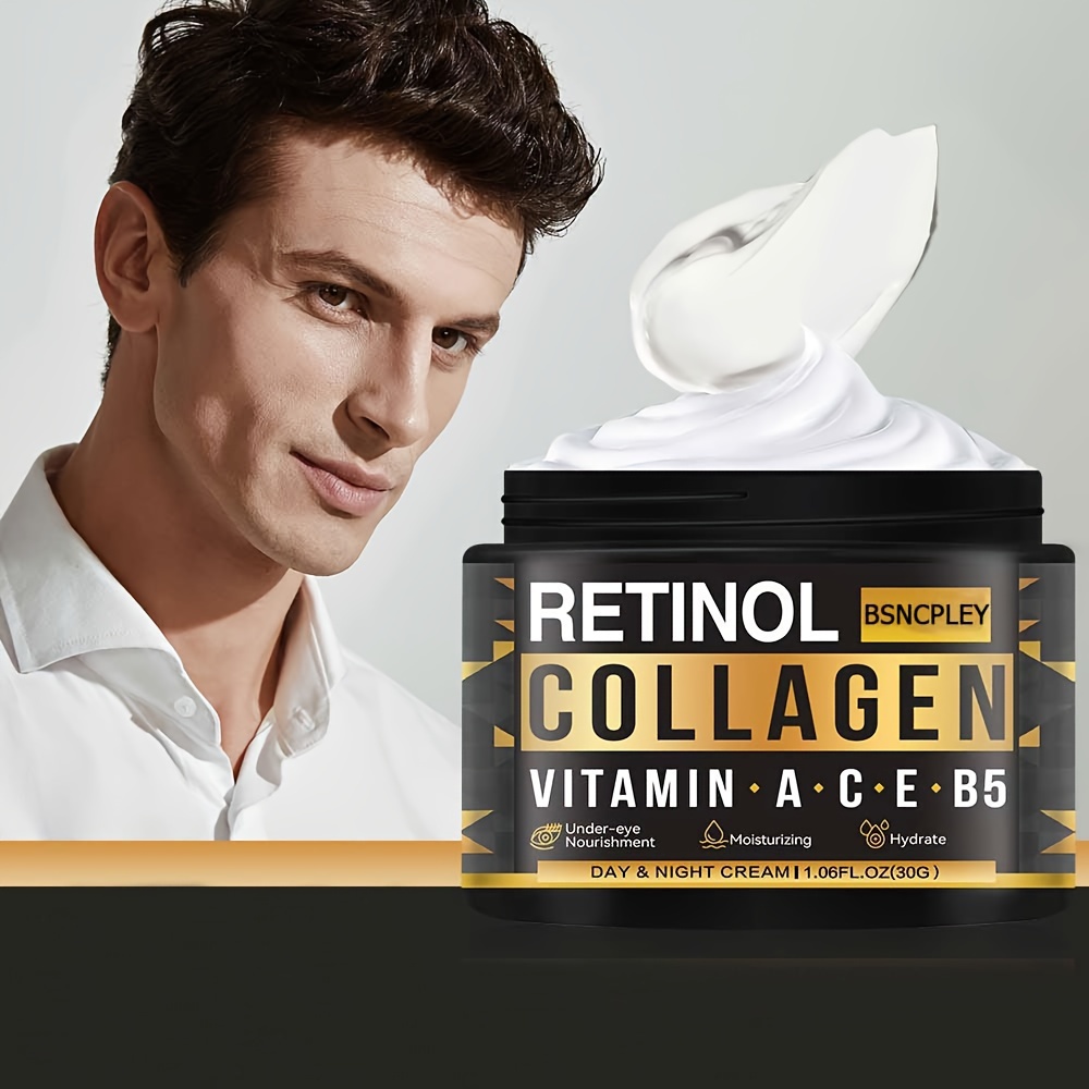 

1.06fl.oz (30g) Men's Collagen Face Cream - Retinol, Vitamins A, C, E & B5 - Moisturizing And Hydrating Formula For Daily Skin Nourishment - Smoothes Fine Lines - Day & Night Cream With Plant Squalane