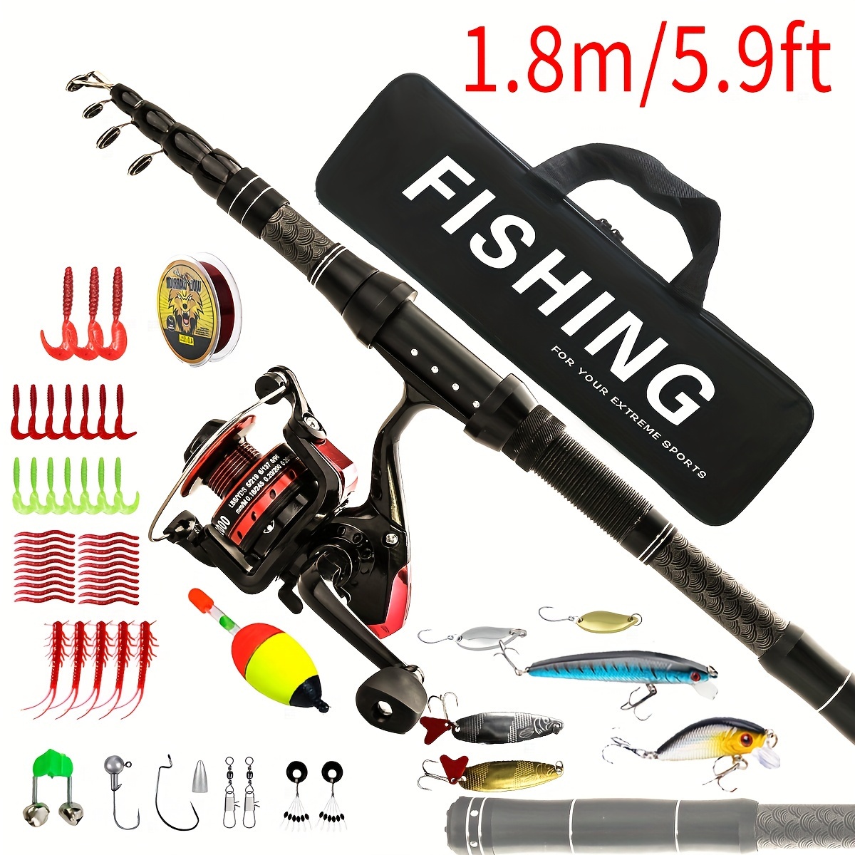 Set 1.8m-2.4m Telescopic Rod 5.2:1 Gear Ratio Spinning Reel with