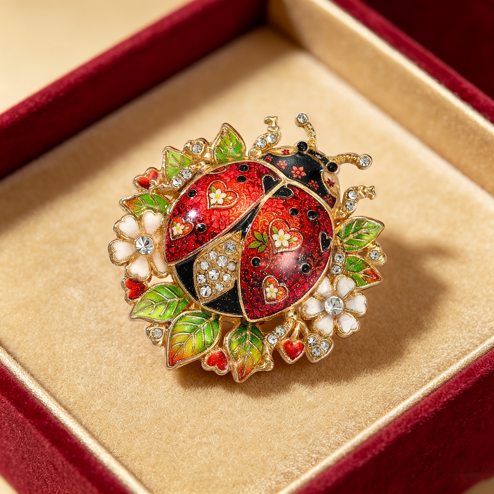 TEMU 1 Broche SOLEVDO en émail et strass, de coccinelle avec cadre à feuilles florales, style vintage , convient pour la décoration de revers, tenue